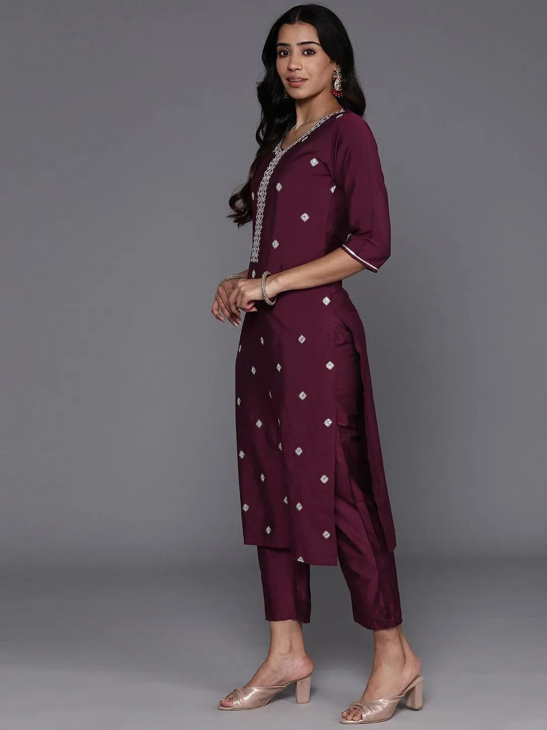 Anouk Wine Embroidered Silk Blend Straight Suit With Dupatta