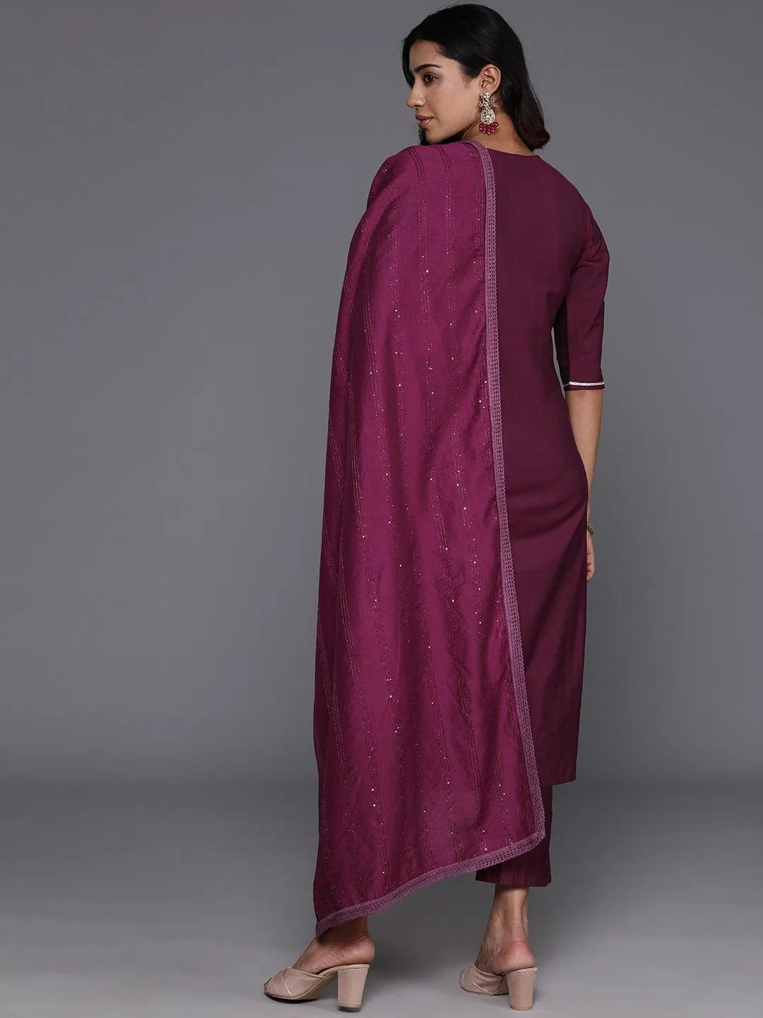 Anouk Wine Embroidered Silk Blend Straight Suit With Dupatta