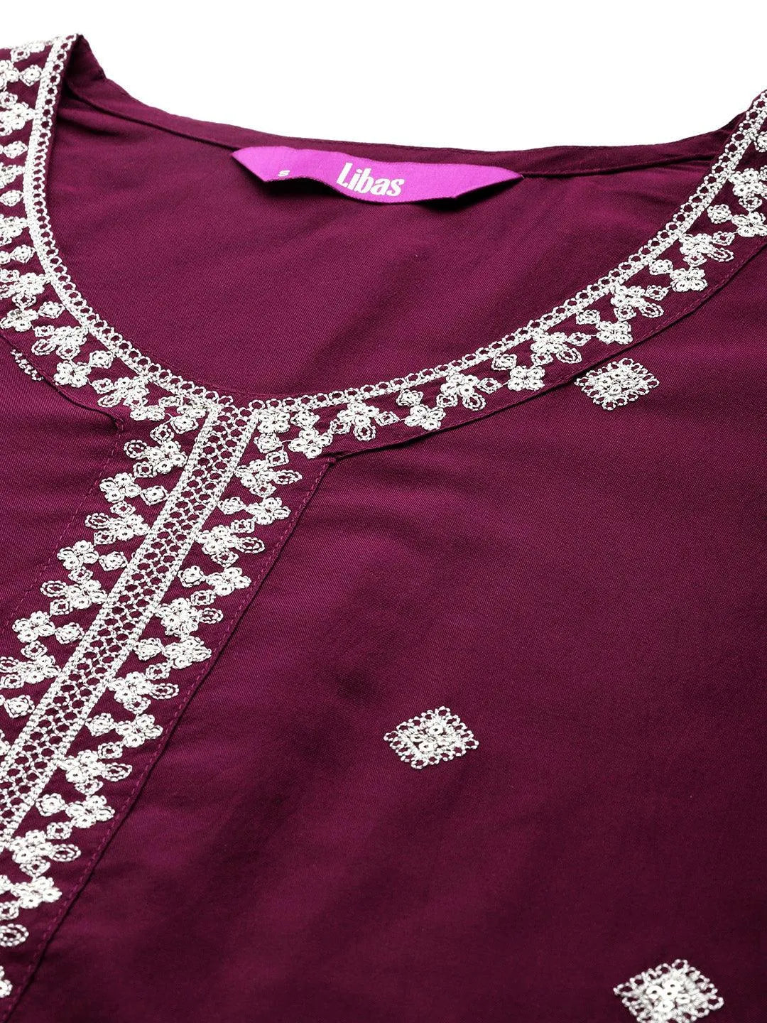 Anouk Wine Embroidered Silk Blend Straight Suit With Dupatta