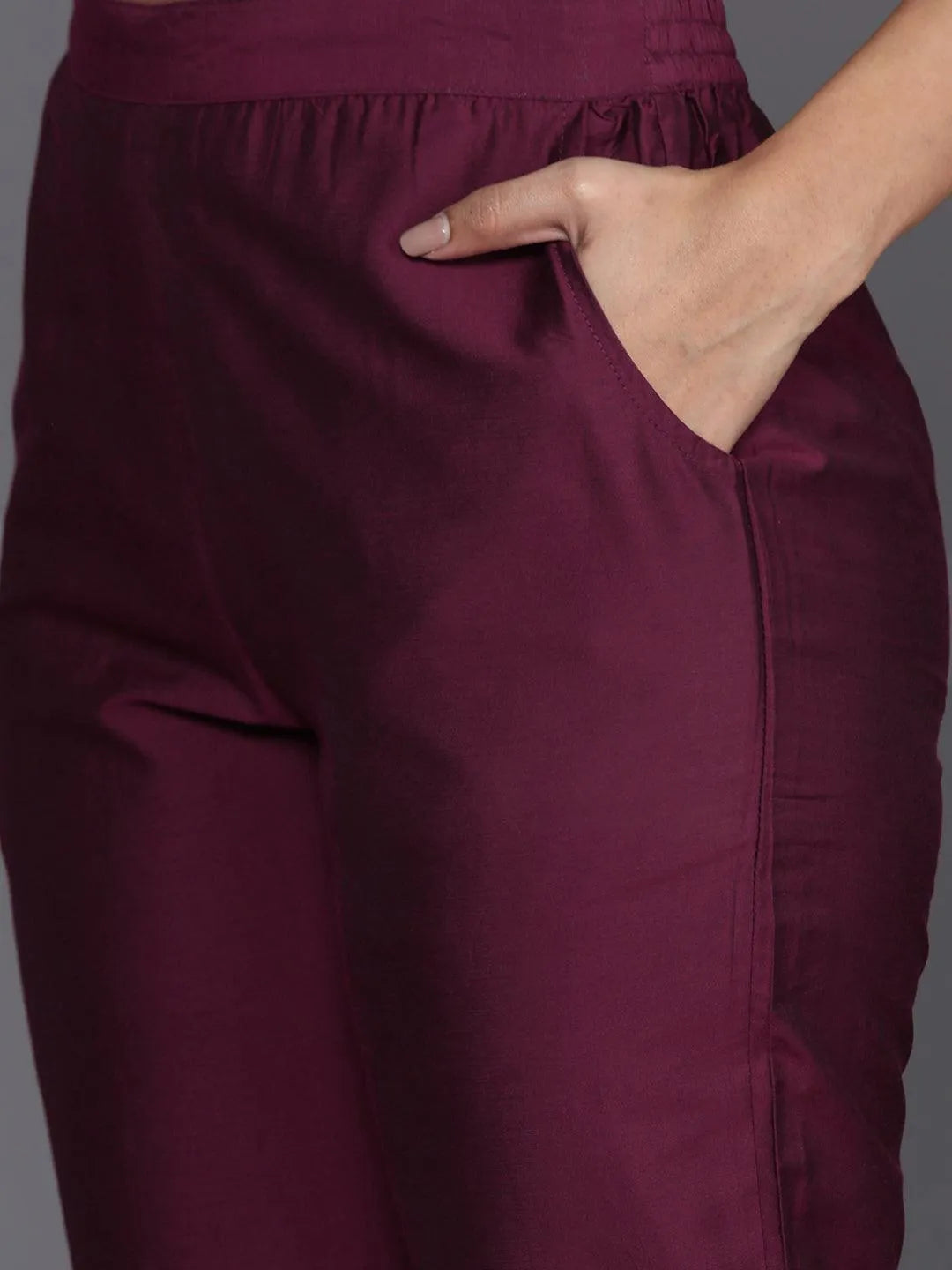 Anouk Wine Embroidered Silk Blend Straight Suit With Dupatta