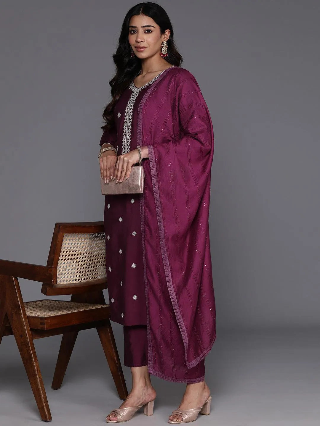 Anouk Wine Embroidered Silk Blend Straight Suit With Dupatta