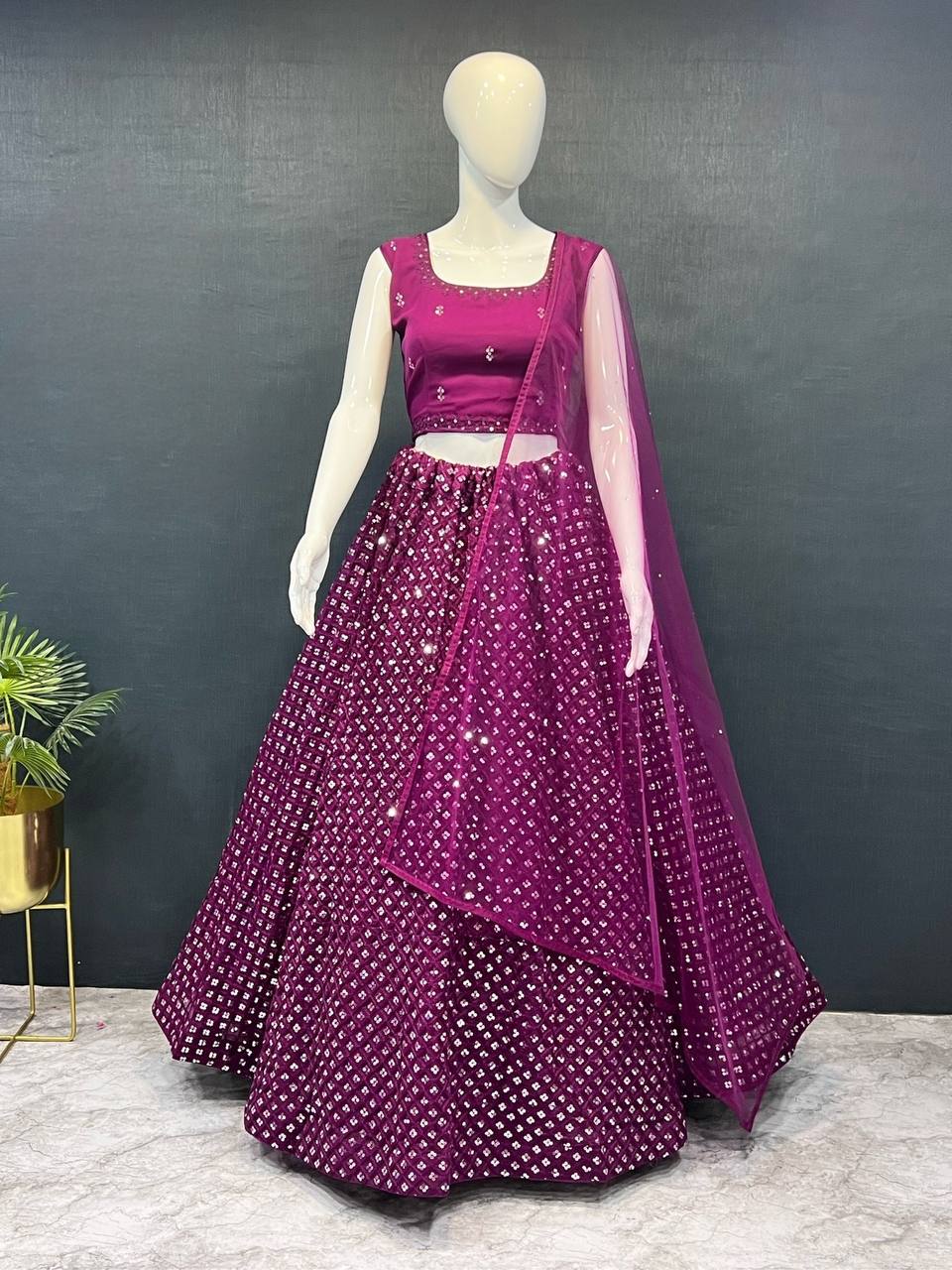 Wine Exquisite Heavy Georgette Embroidered Lehenga Set with Sequins & Net Dupatta