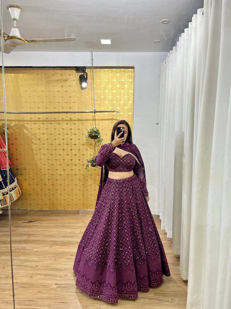 Wine Faux Georgette Semi-Stitched Lehenga Set with Thread & Sequin Work