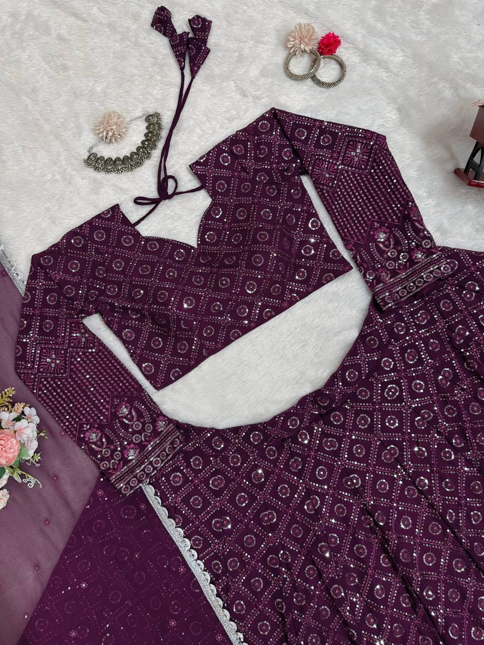 Wine Faux Georgette Semi-Stitched Lehenga Set with Thread & Sequin Work
