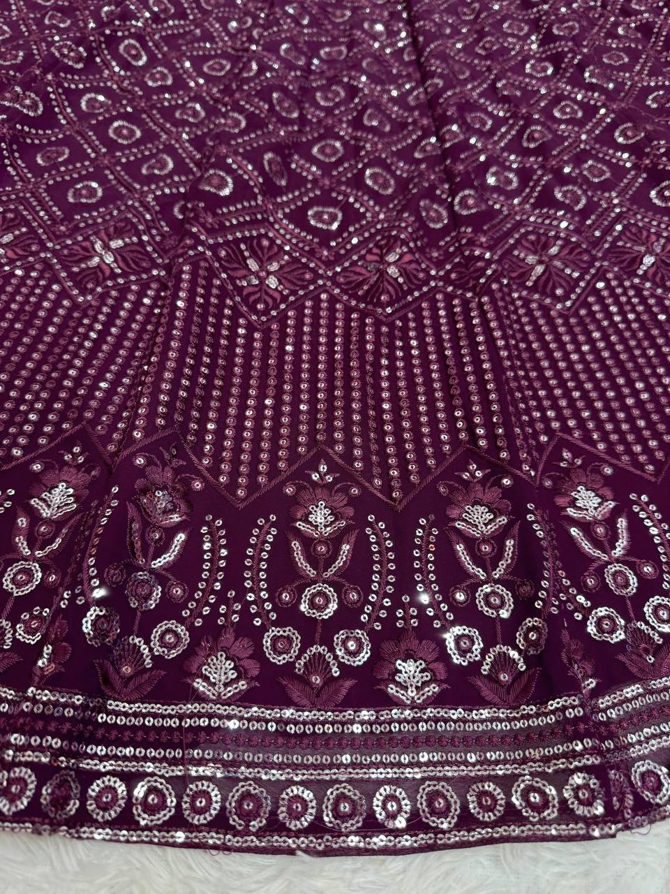 Wine Faux Georgette Semi-Stitched Lehenga Set with Thread & Sequin Work