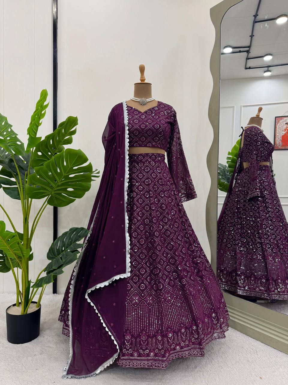 Wine Faux Georgette Semi-Stitched Lehenga Set with Thread & Sequin Work