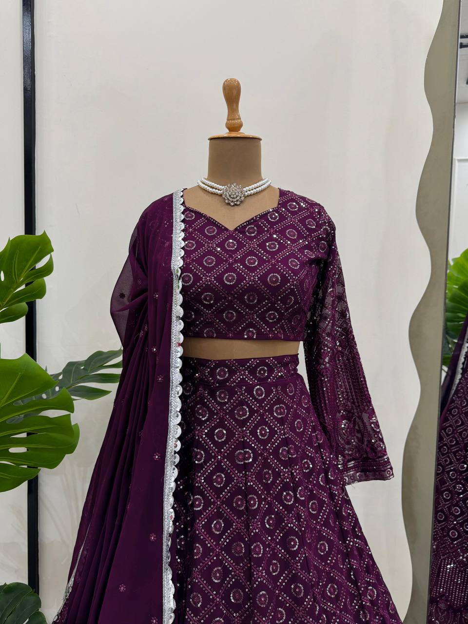 Wine Faux Georgette Semi-Stitched Lehenga Set with Thread & Sequin Work