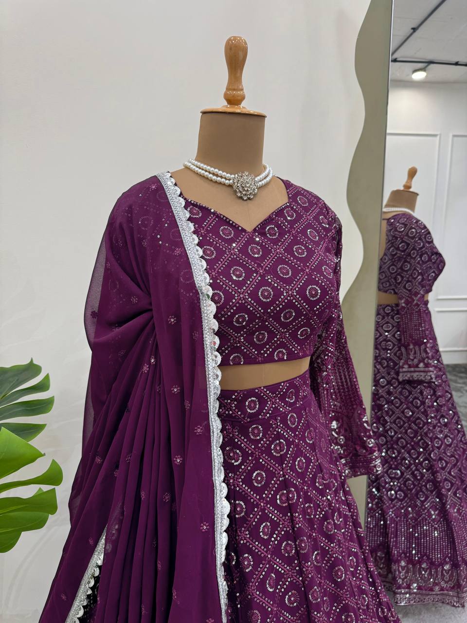 Wine Faux Georgette Semi-Stitched Lehenga Set with Thread & Sequin Work
