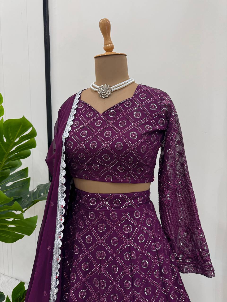 Wine Faux Georgette Semi-Stitched Lehenga Set with Thread & Sequin Work
