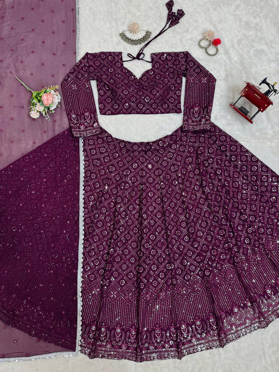 Wine Faux Georgette Semi-Stitched Lehenga Set with Thread & Sequin Work