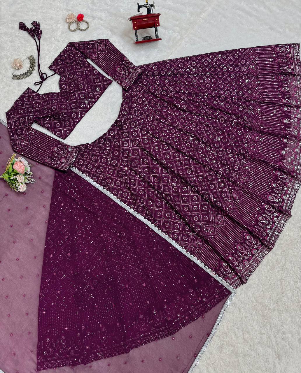 Wine Faux Georgette Semi-Stitched Lehenga Set with Thread & Sequin Work