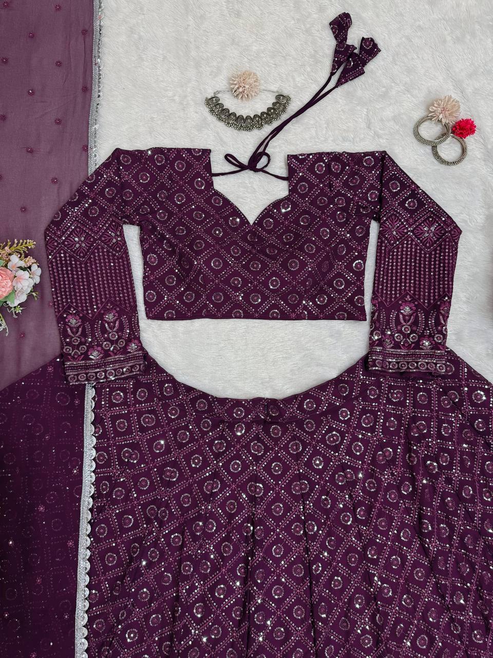 Wine Faux Georgette Semi-Stitched Lehenga Set with Thread & Sequin Work