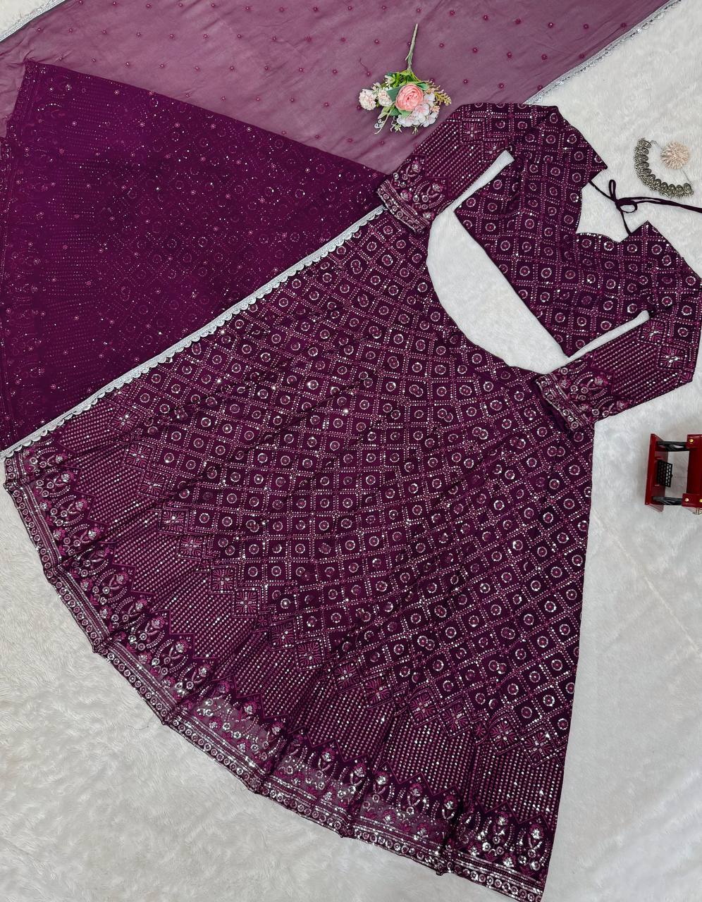 Wine Faux Georgette Semi-Stitched Lehenga Set with Thread & Sequin Work