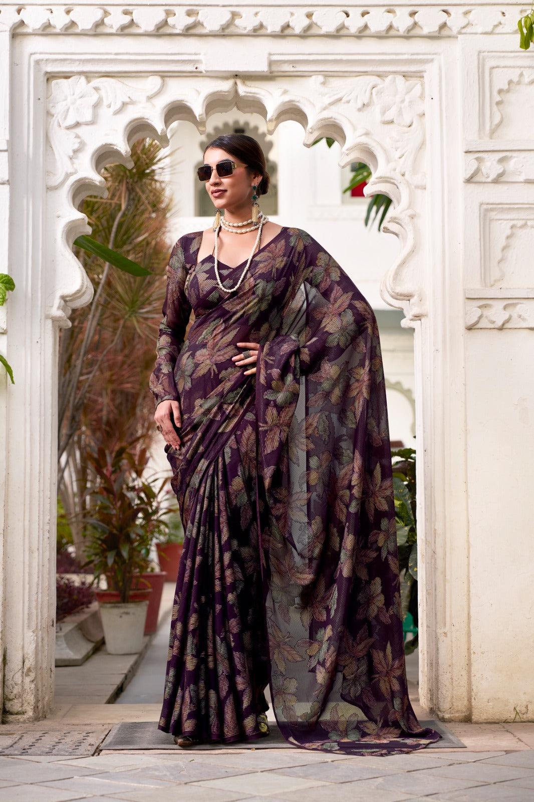 Wine Floral Lurex Brasso Saree with Unstitched Blouse – Elegant Viscose Brasso Work