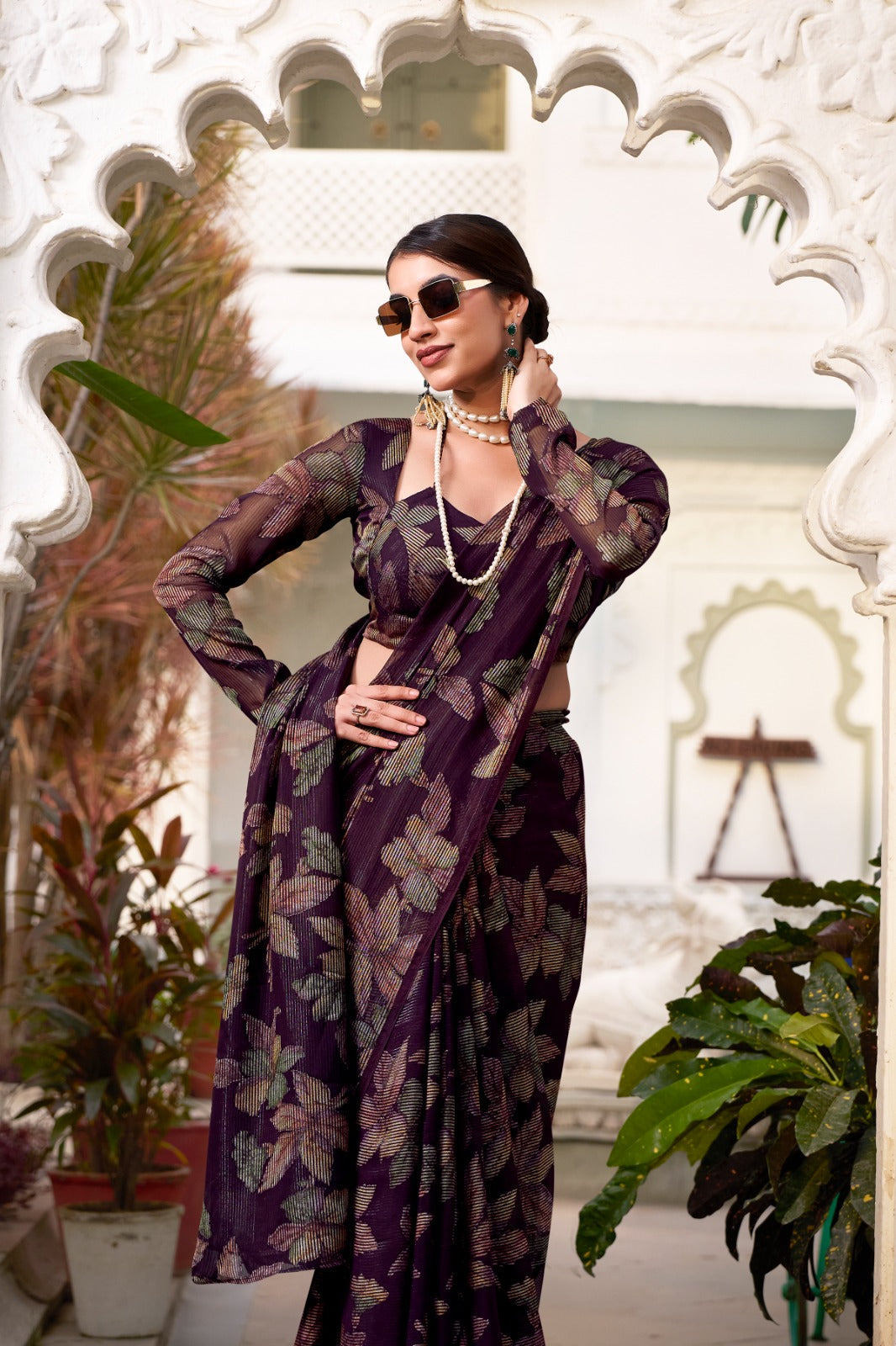 Wine Floral Lurex Brasso Saree with Unstitched Blouse – Elegant Viscose Brasso Work