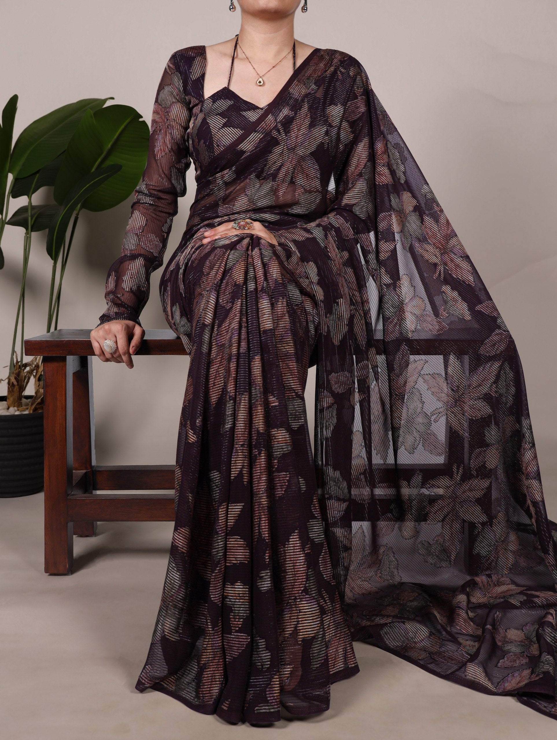 Wine Floral Lurex Brasso Saree with Unstitched Blouse – Elegant Viscose Brasso Work