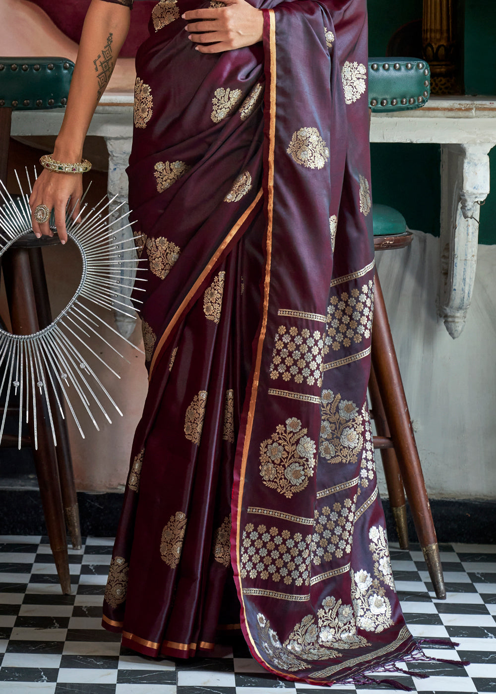Wine Glamorous Satin Silk Saree – Perfect for Cocktail & Dinner Parties