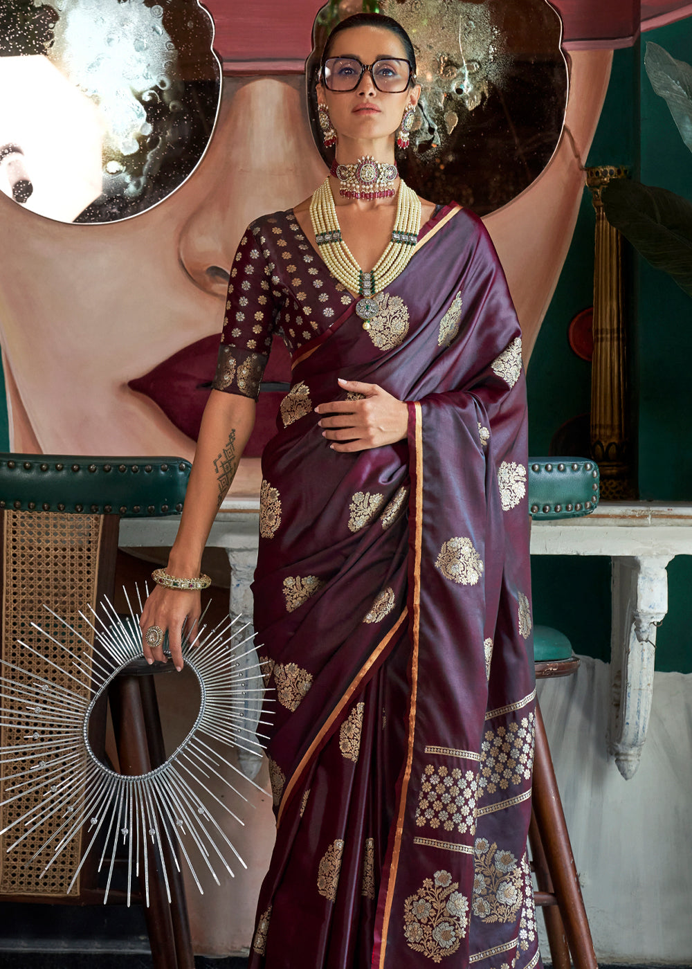 Wine Glamorous Satin Silk Saree – Perfect for Cocktail & Dinner Parties