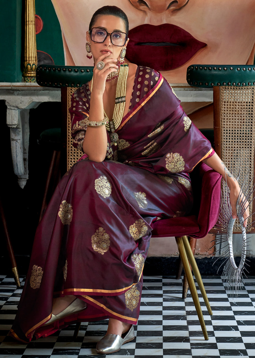 Wine Glamorous Satin Silk Saree – Perfect for Cocktail & Dinner Parties