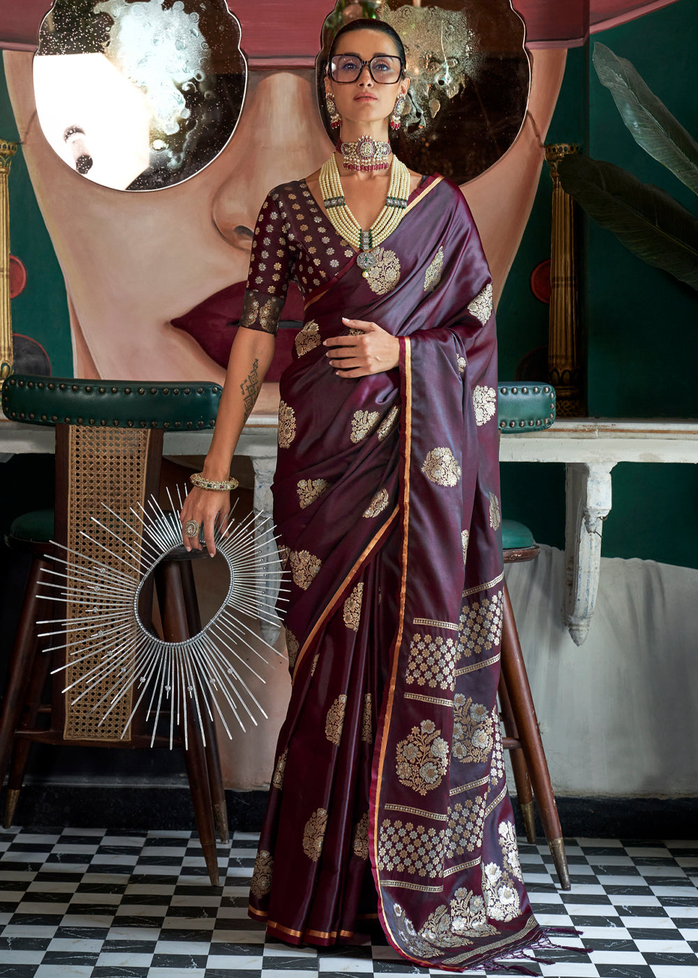 Wine Glamorous Satin Silk Saree – Perfect for Cocktail & Dinner Parties