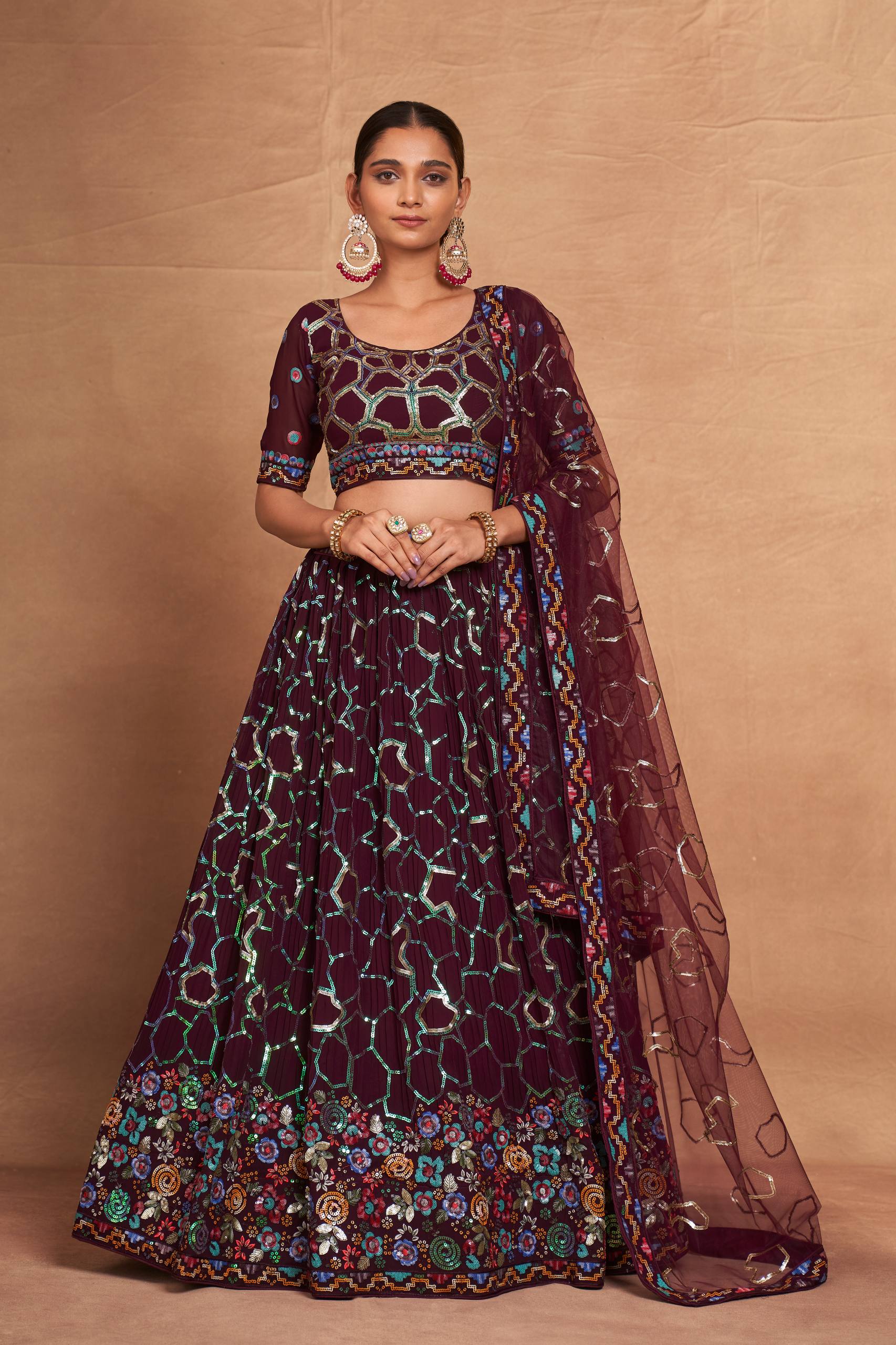 Wine Heavy Georgette Embroidered Lehenga Choli Set with Sequins & Net Dupatta