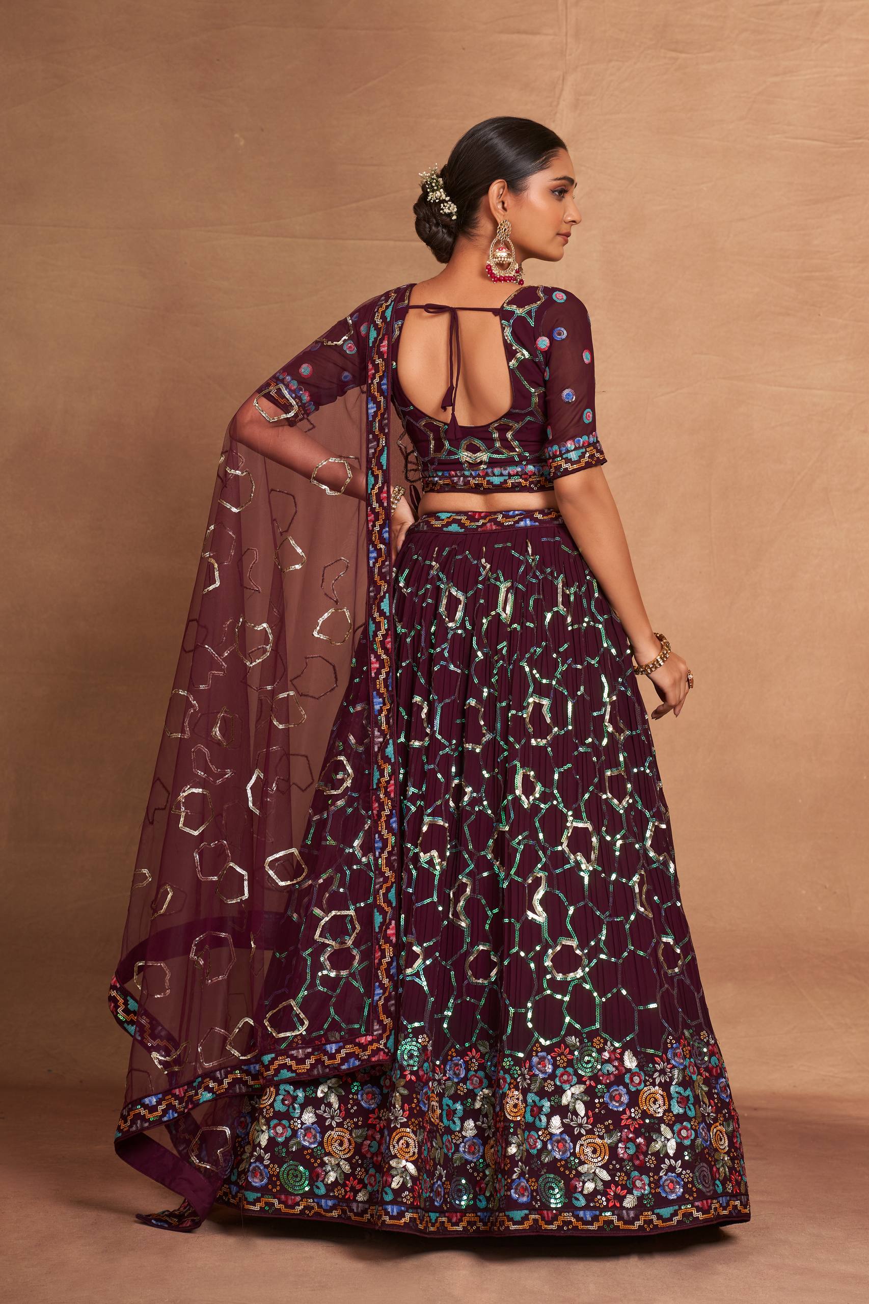 Wine Heavy Georgette Embroidered Lehenga Choli Set with Sequins & Net Dupatta