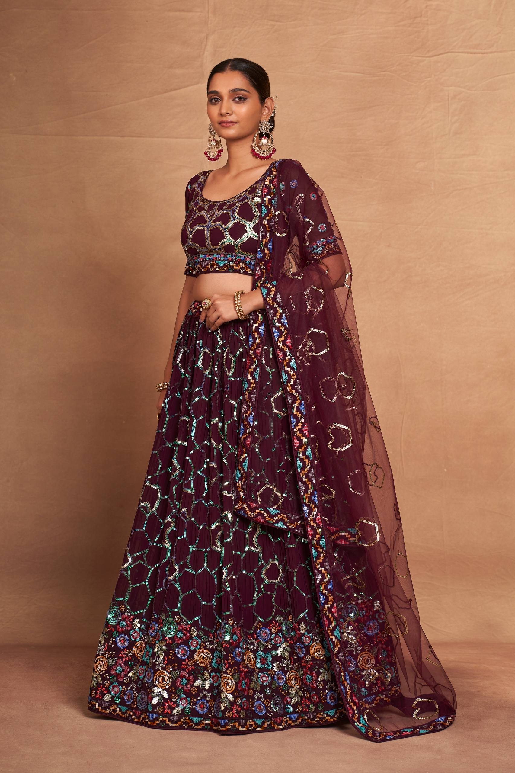Wine Heavy Georgette Embroidered Lehenga Choli Set with Sequins & Net Dupatta
