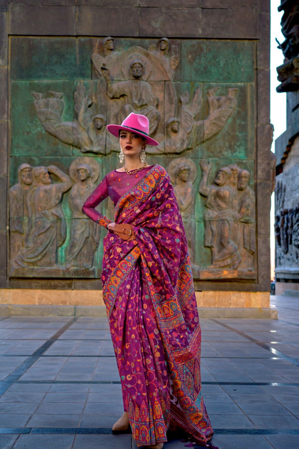 Wine Jamawar Woven Organza Silk Saree – Traditional Elegance with Blouse Piece