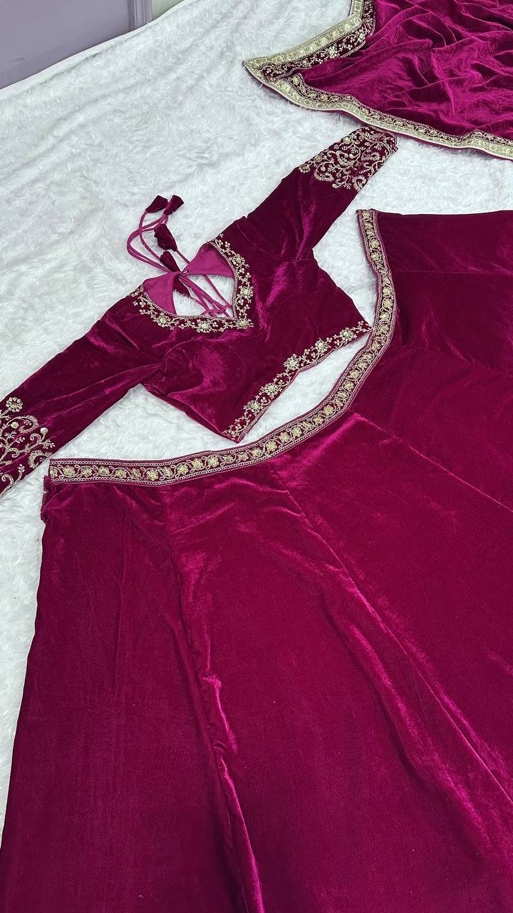 Wine Luxurious Velvet Lehenga Set with Sequins, Dori & Zari Work