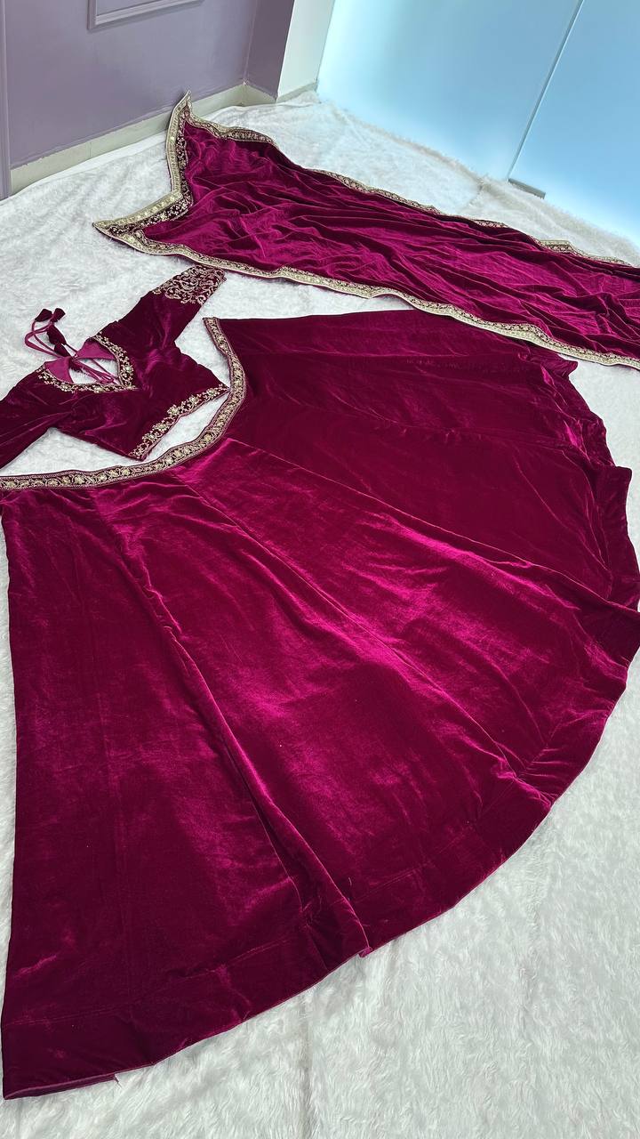 Wine Luxurious Velvet Lehenga Set with Sequins, Dori & Zari Work