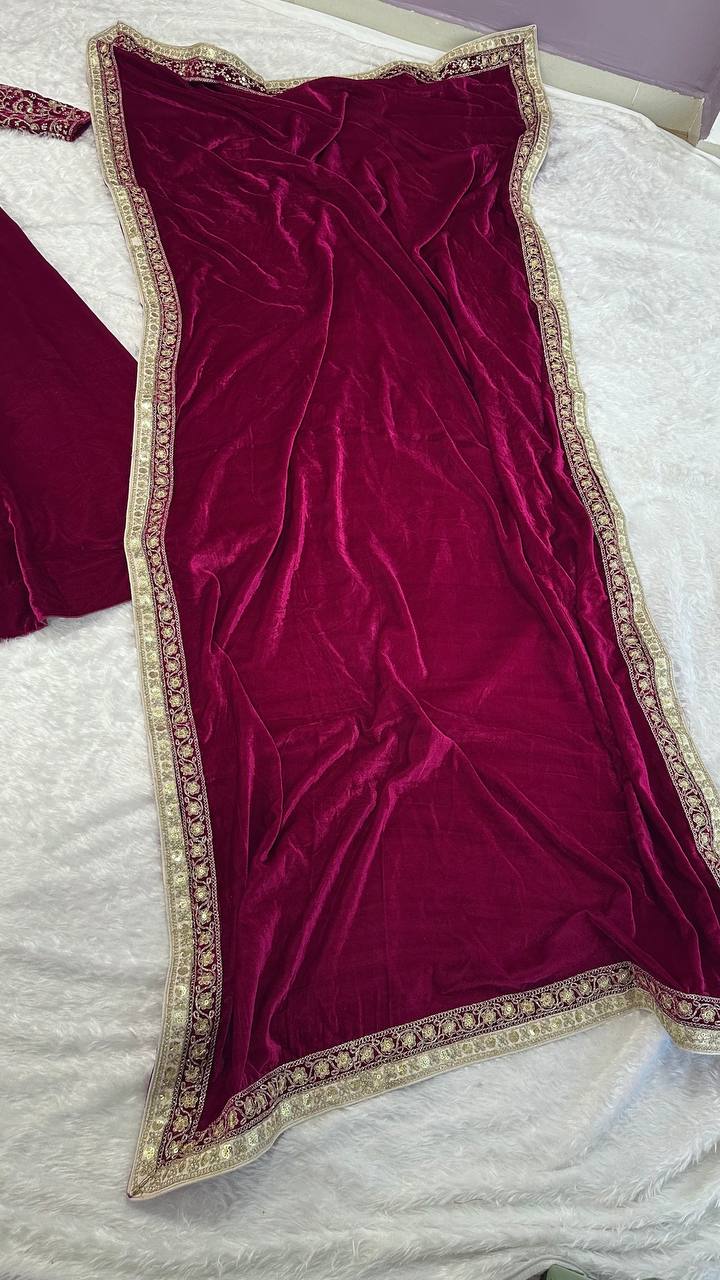 Wine Luxurious Velvet Lehenga Set with Sequins, Dori & Zari Work