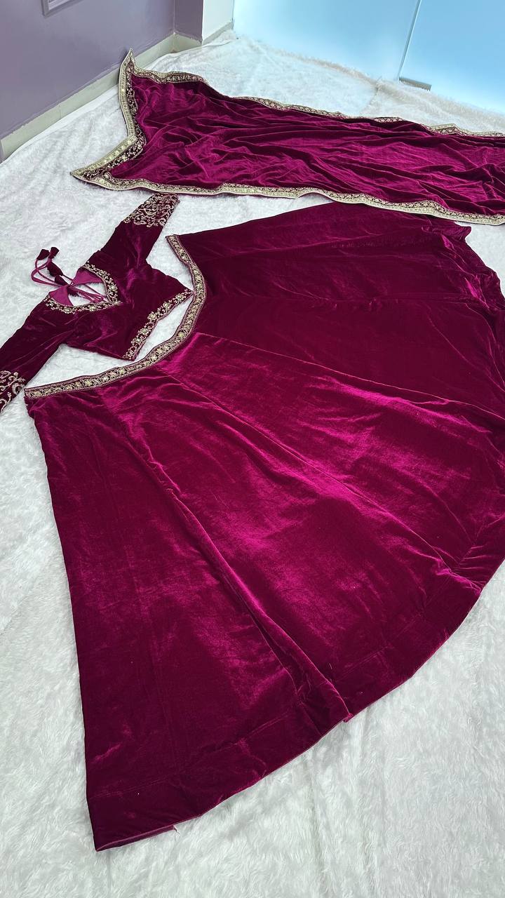 Wine Luxurious Velvet Lehenga Set with Sequins, Dori & Zari Work