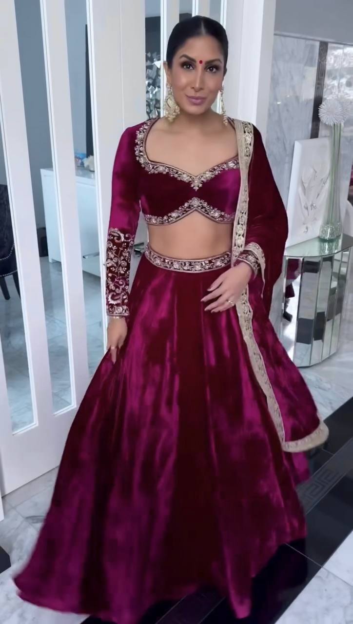 Wine Luxurious Velvet Lehenga Set with Sequins, Dori & Zari Work