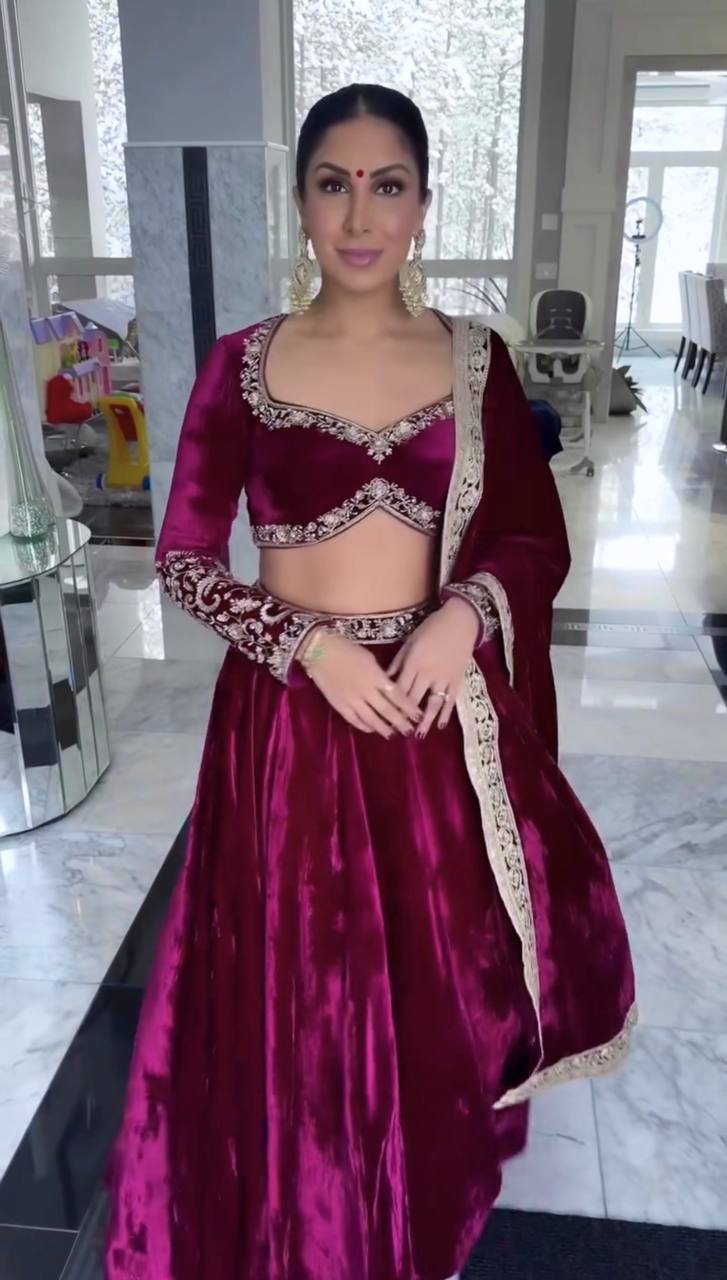 Wine Luxurious Velvet Lehenga Set with Sequins, Dori & Zari Work