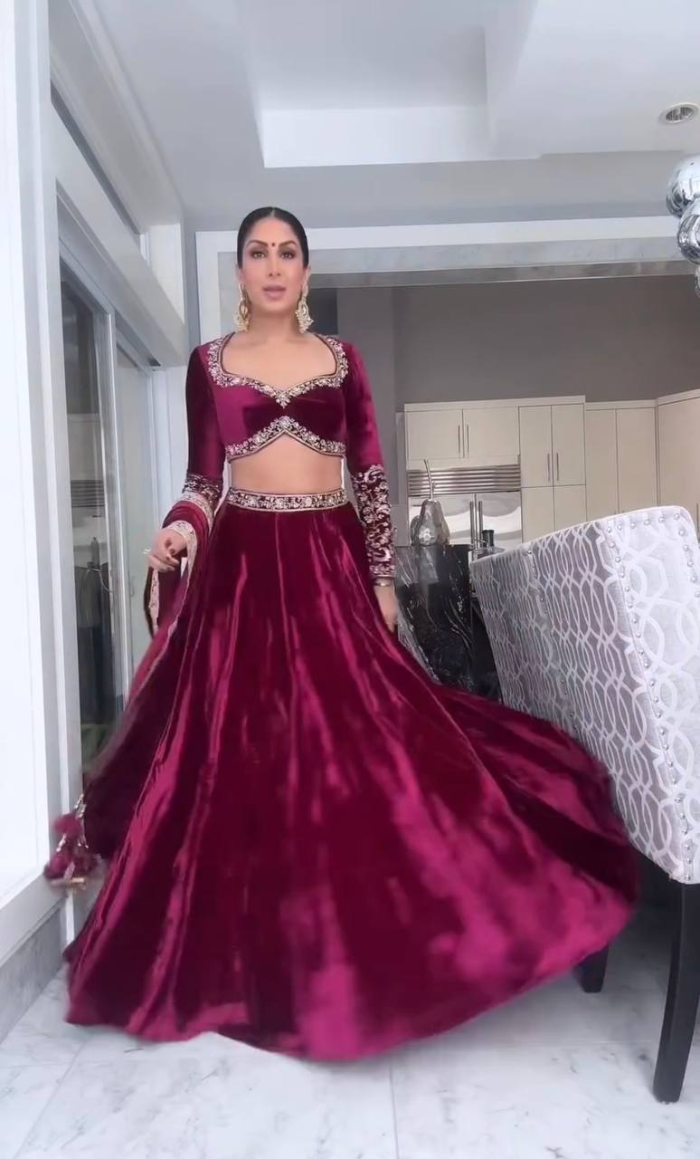 Wine Luxurious Velvet Lehenga Set with Sequins, Dori & Zari Work