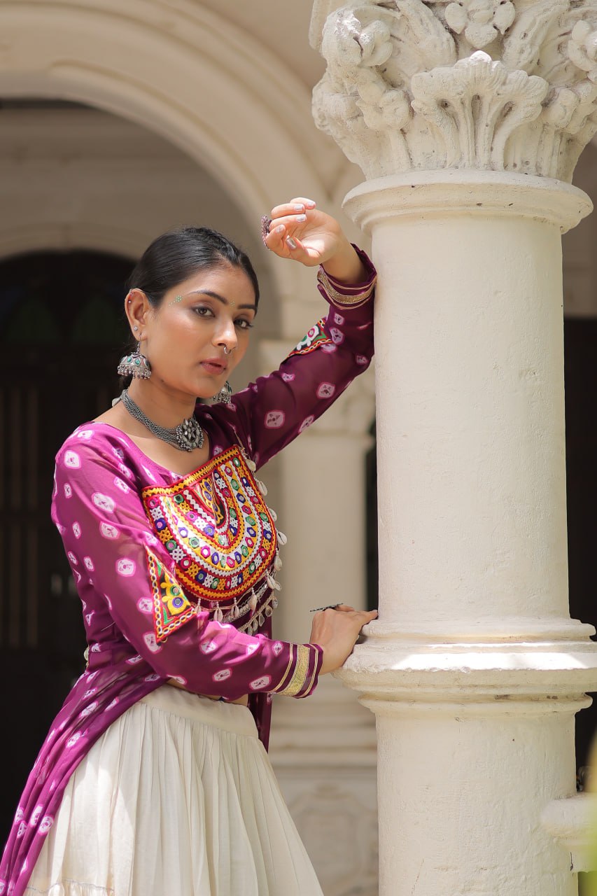 Wine Navratri Special Bandhani Kurti with Kora Cotton Frill Lehenga Set – Full Stitched