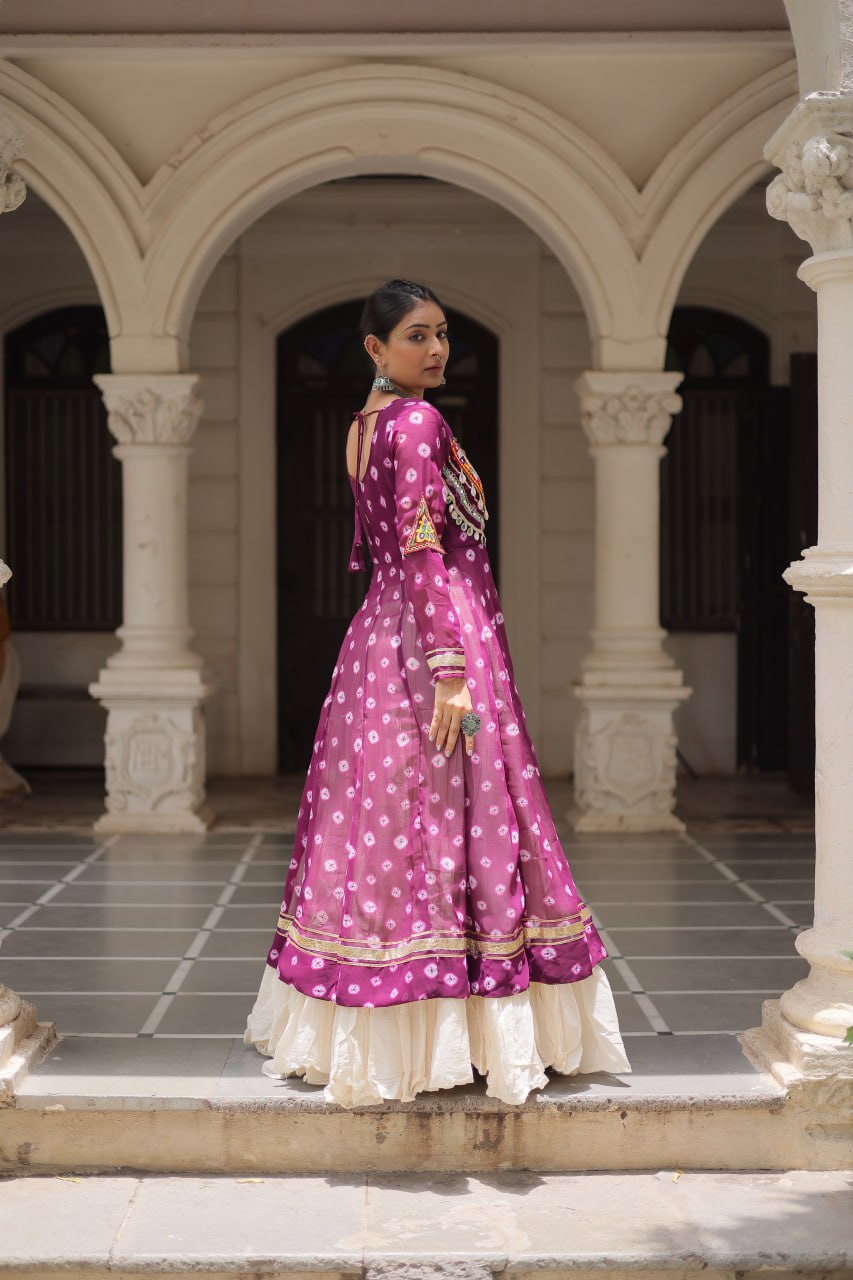 Wine Navratri Special Bandhani Kurti with Kora Cotton Frill Lehenga Set – Full Stitched