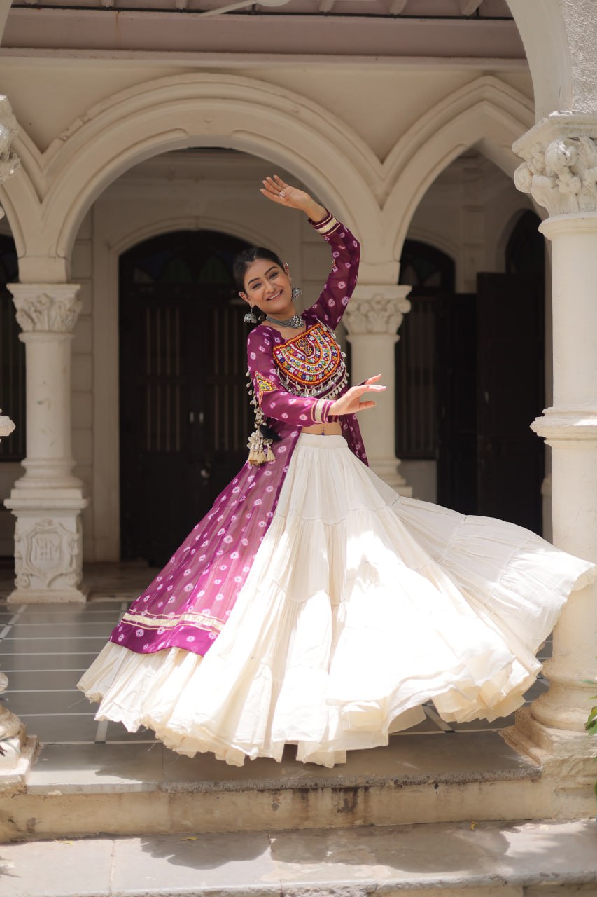 Wine Navratri Special Bandhani Kurti with Kora Cotton Frill Lehenga Set – Full Stitched