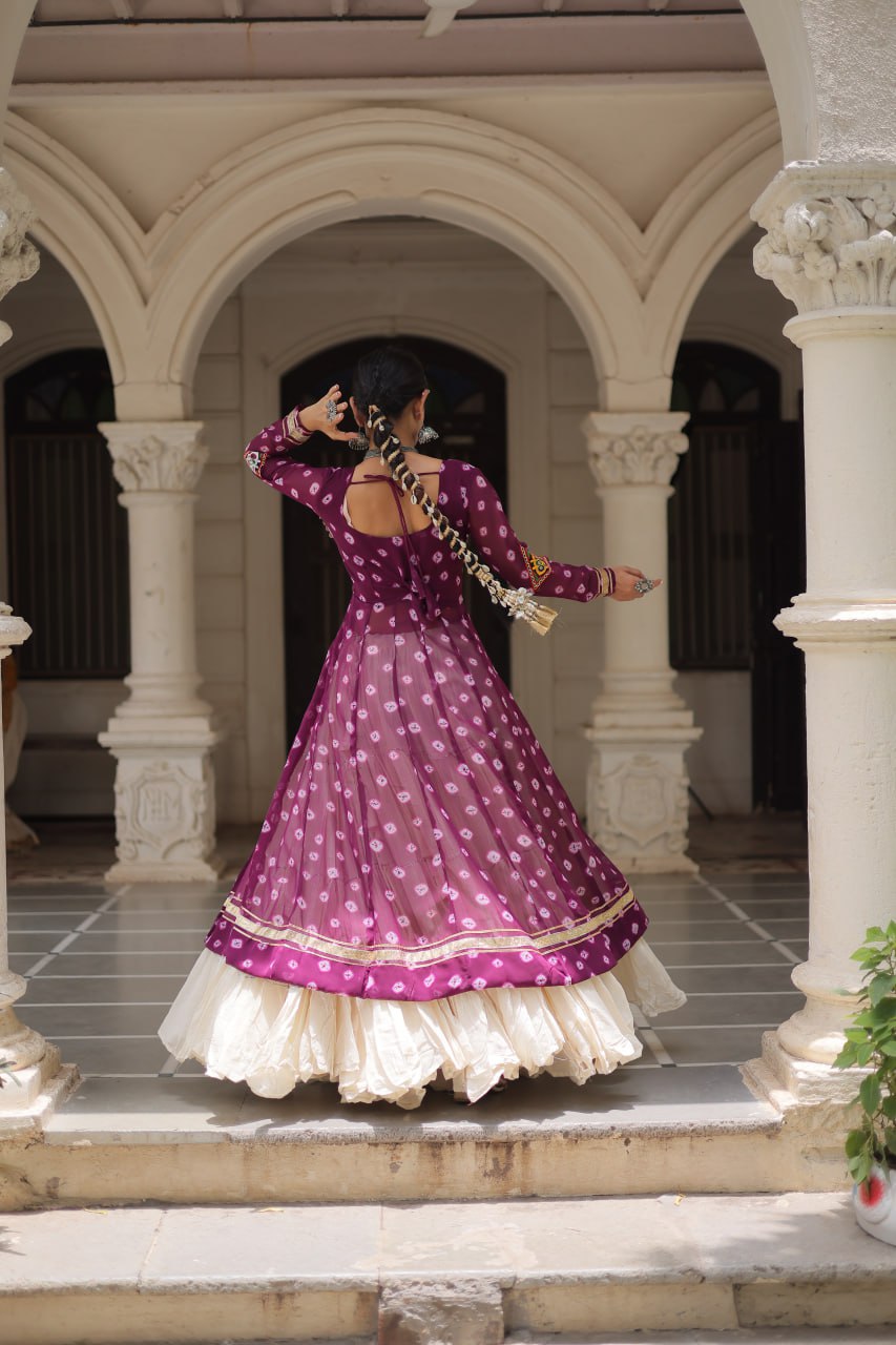 Wine Navratri Special Bandhani Kurti with Kora Cotton Frill Lehenga Set – Full Stitched
