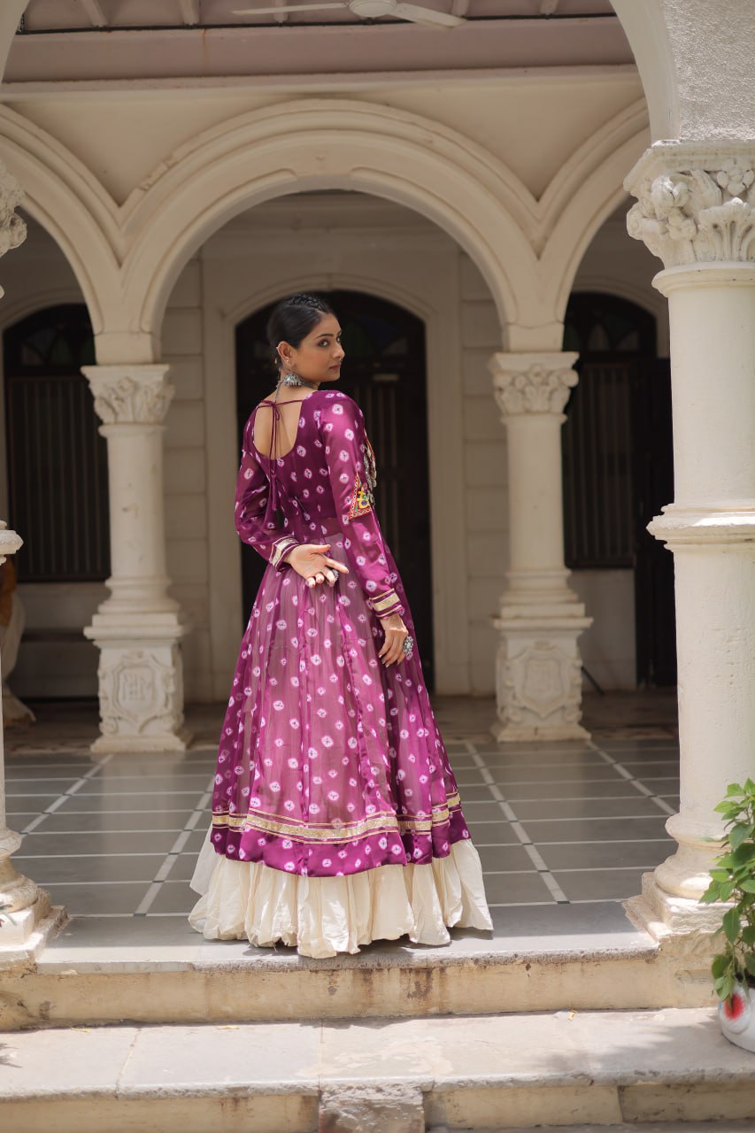 Wine Navratri Special Bandhani Kurti with Kora Cotton Frill Lehenga Set – Full Stitched