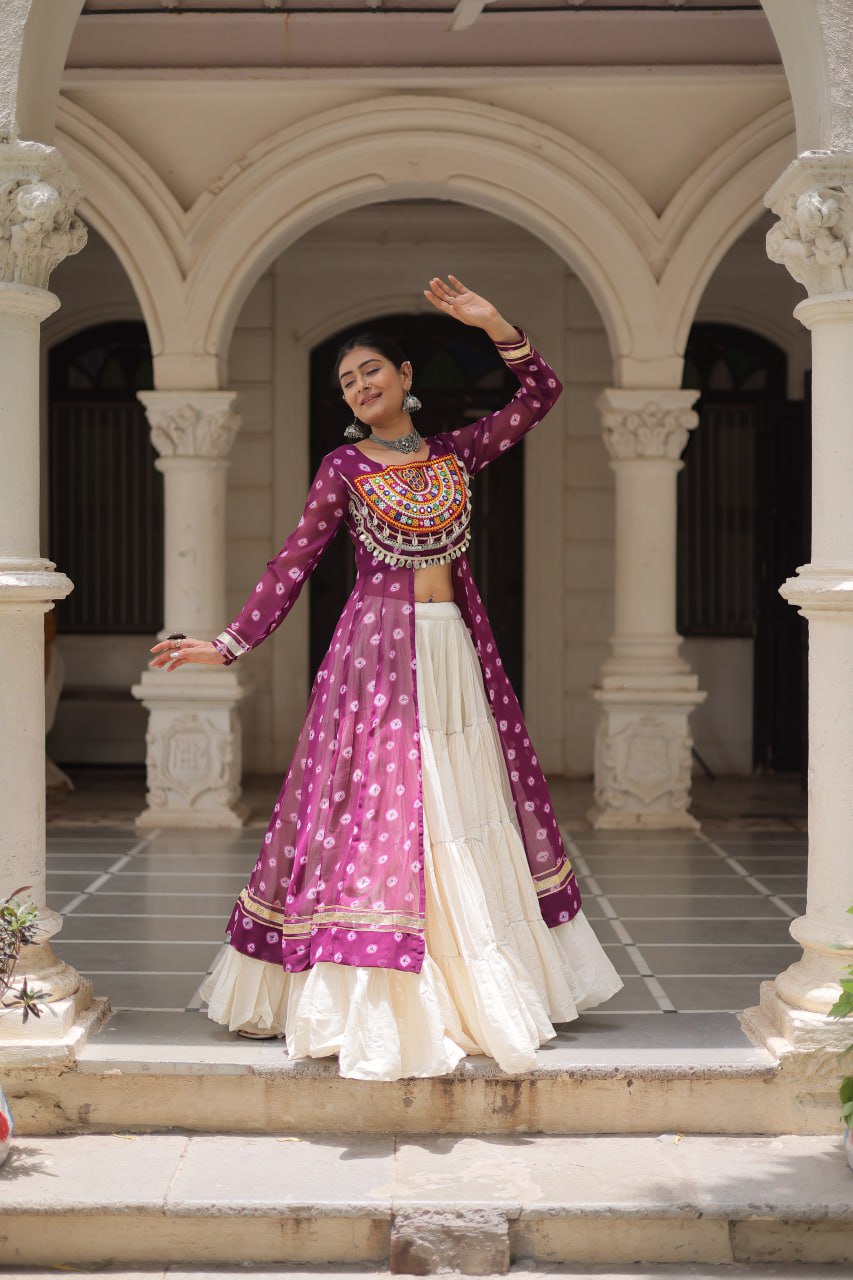 Wine Navratri Special Bandhani Kurti with Kora Cotton Frill Lehenga Set – Full Stitched