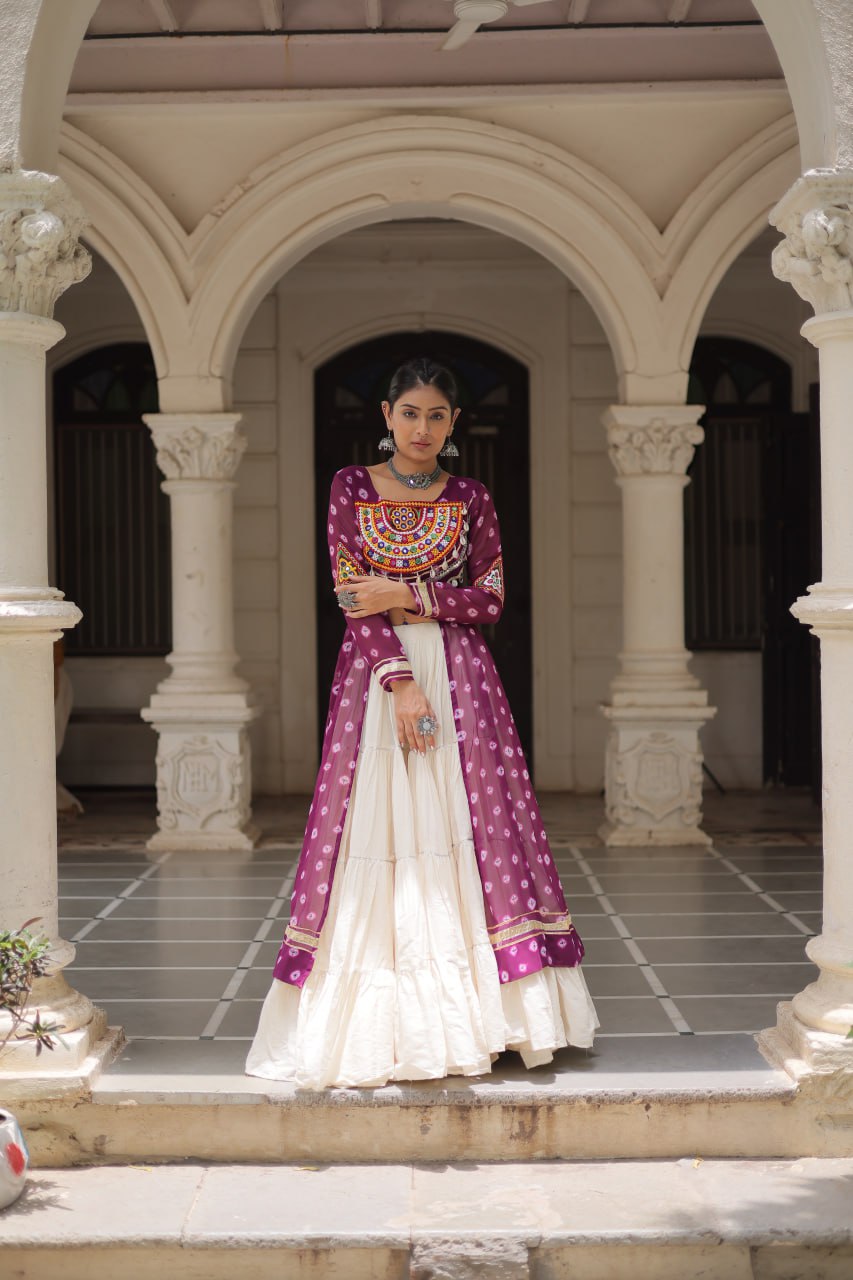 Wine Navratri Special Bandhani Kurti with Kora Cotton Frill Lehenga Set – Full Stitched