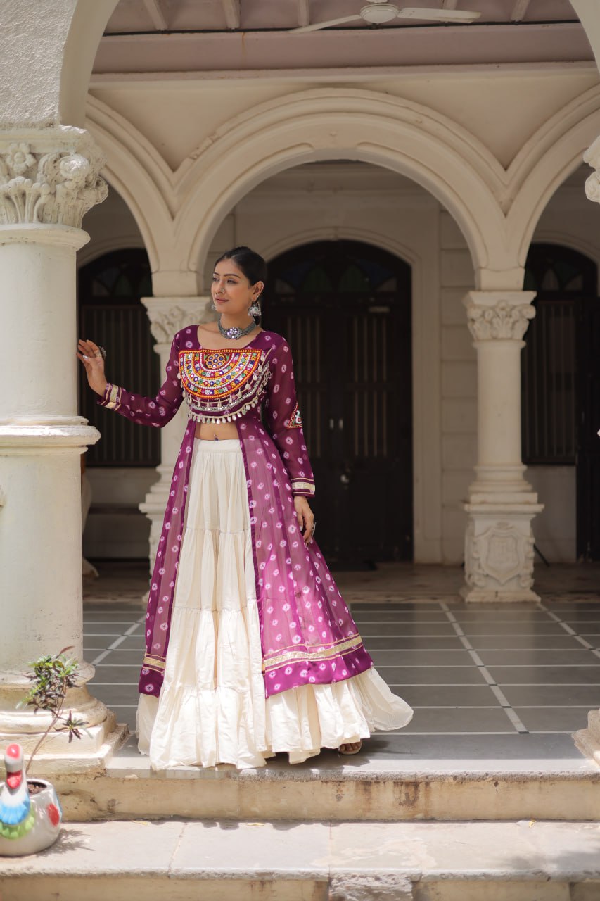 Wine Navratri Special Bandhani Kurti with Kora Cotton Frill Lehenga Set – Full Stitched