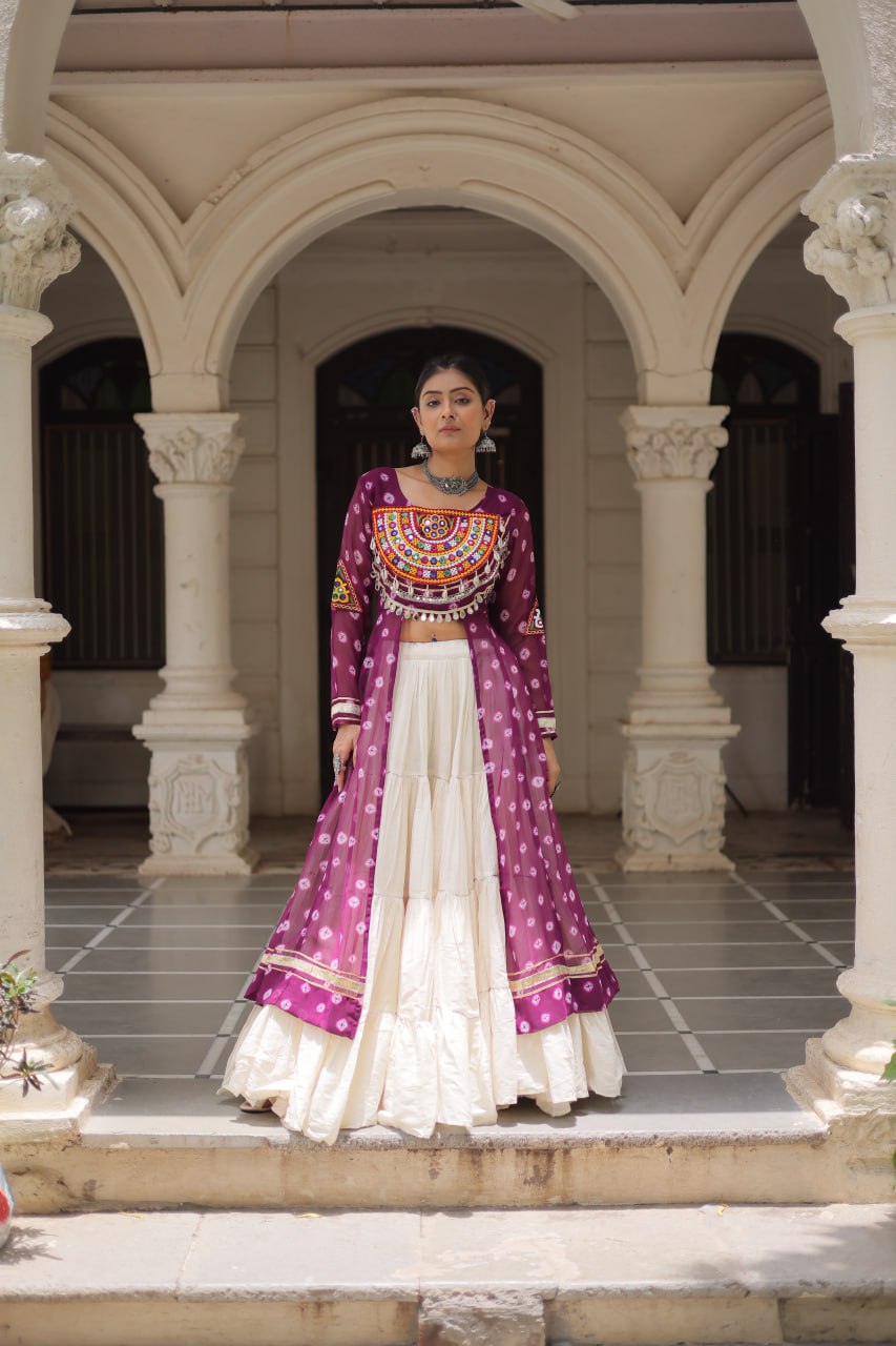 Wine Navratri Special Bandhani Kurti with Kora Cotton Frill Lehenga Set – Full Stitched