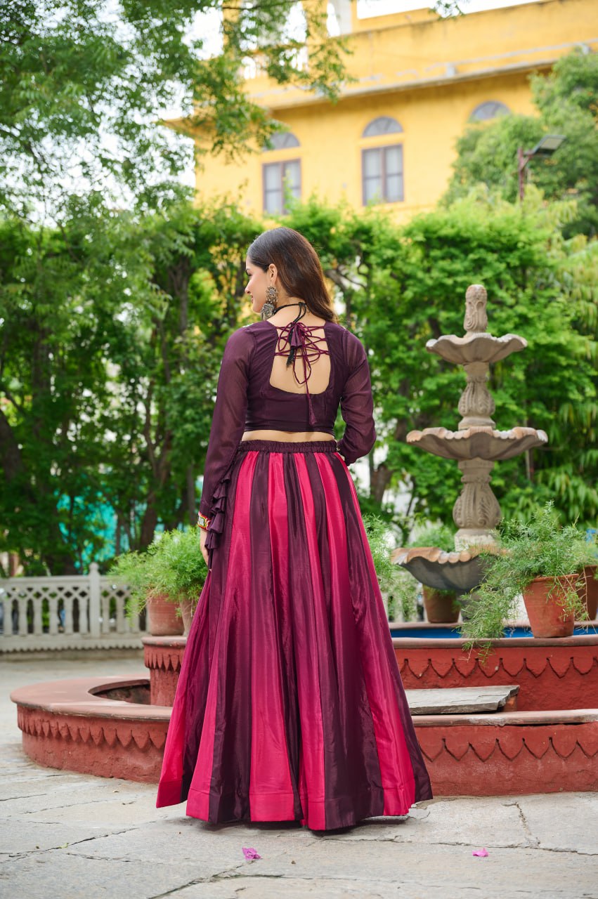 Wine Navratri Special Chinnon Pedding Lehenga Choli with Kutchi Gamthi Embroidery
