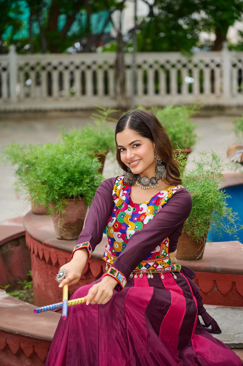 Wine Navratri Special Chinnon Pedding Lehenga Choli with Kutchi Gamthi Embroidery