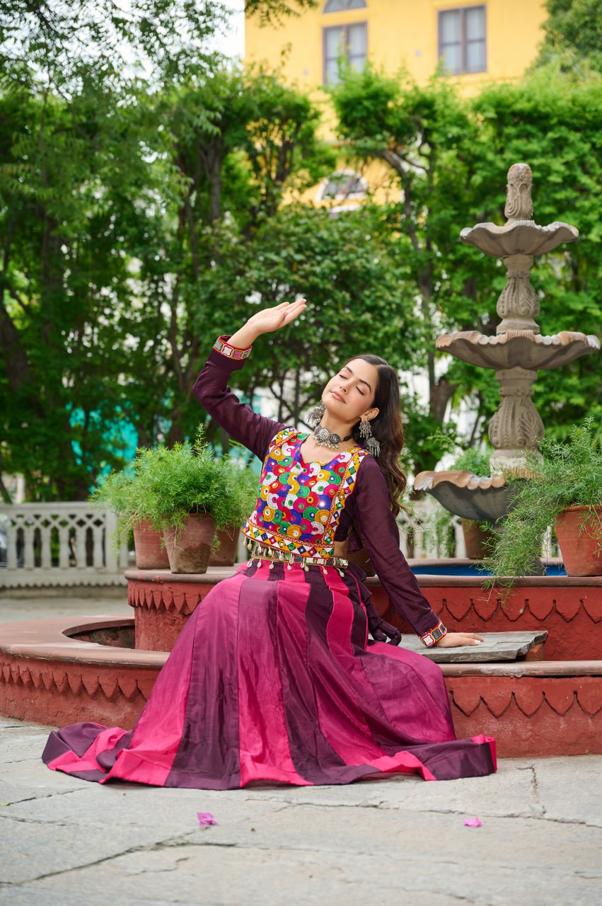 Wine Navratri Special Chinnon Pedding Lehenga Choli with Kutchi Gamthi Embroidery