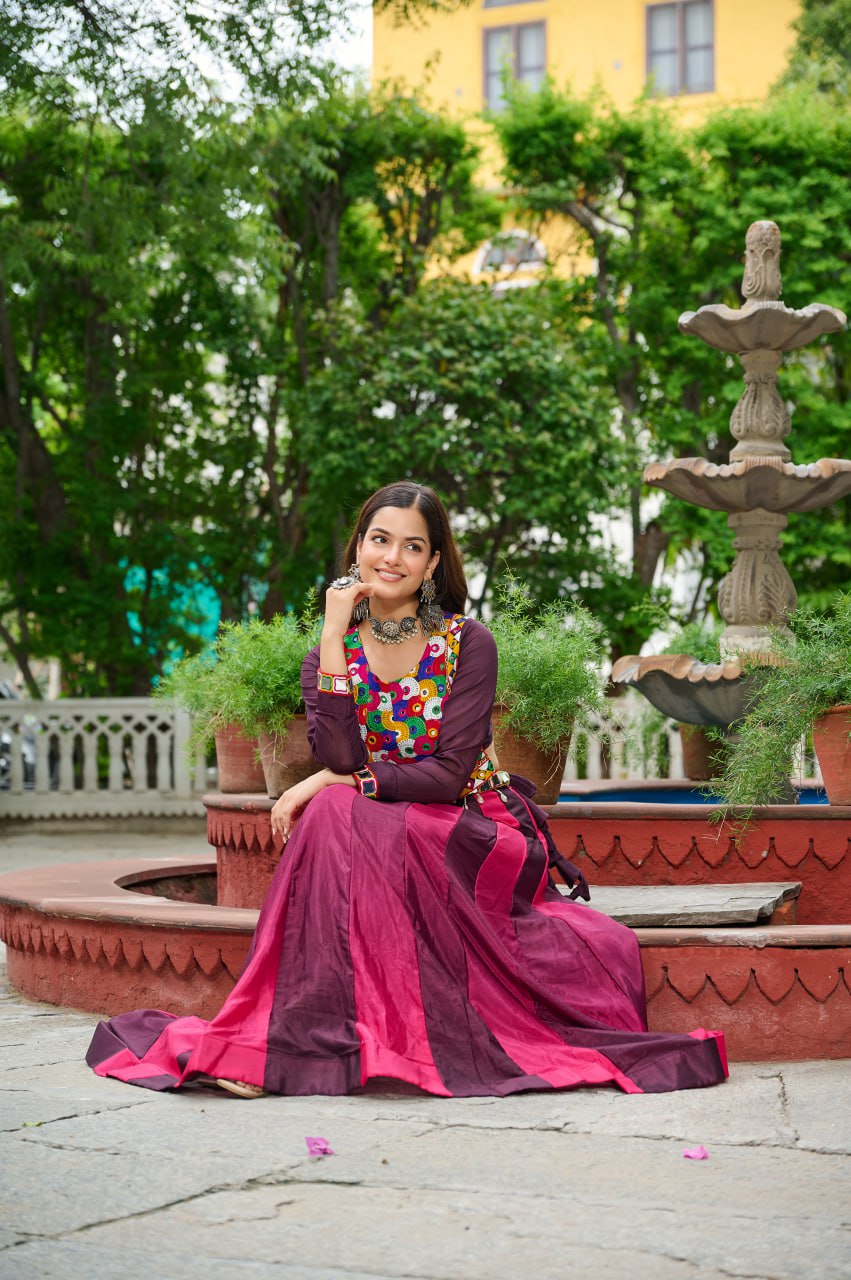 Wine Navratri Special Chinnon Pedding Lehenga Choli with Kutchi Gamthi Embroidery