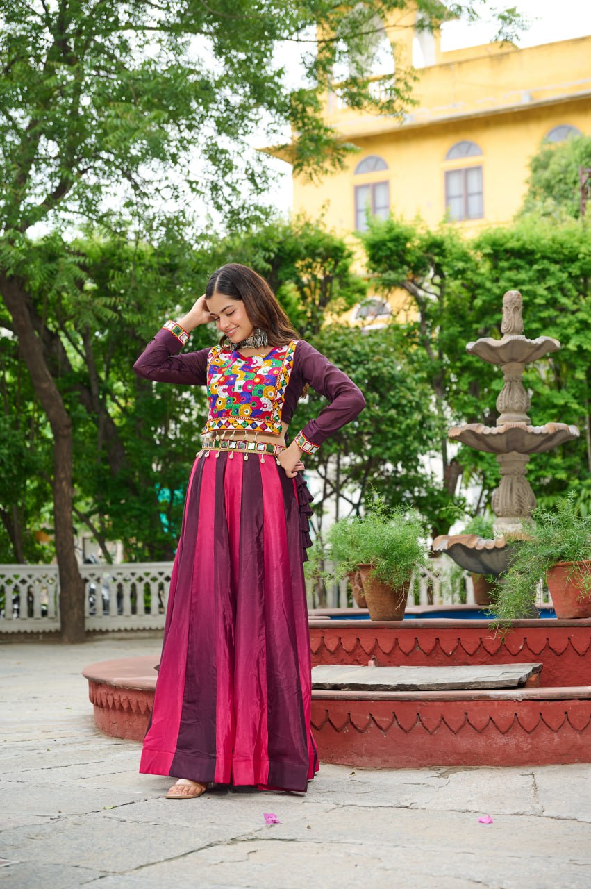 Wine Navratri Special Chinnon Pedding Lehenga Choli with Kutchi Gamthi Embroidery