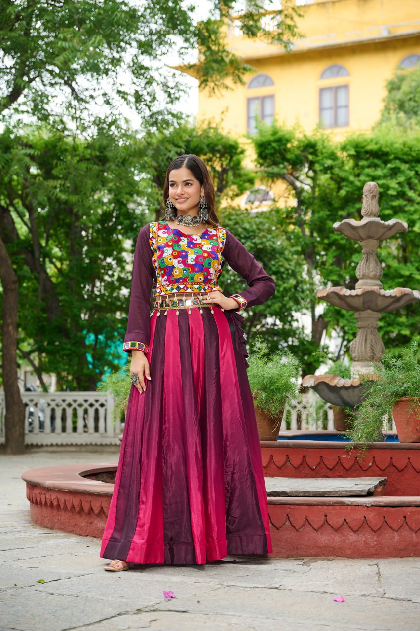 Wine Navratri Special Chinnon Pedding Lehenga Choli with Kutchi Gamthi Embroidery